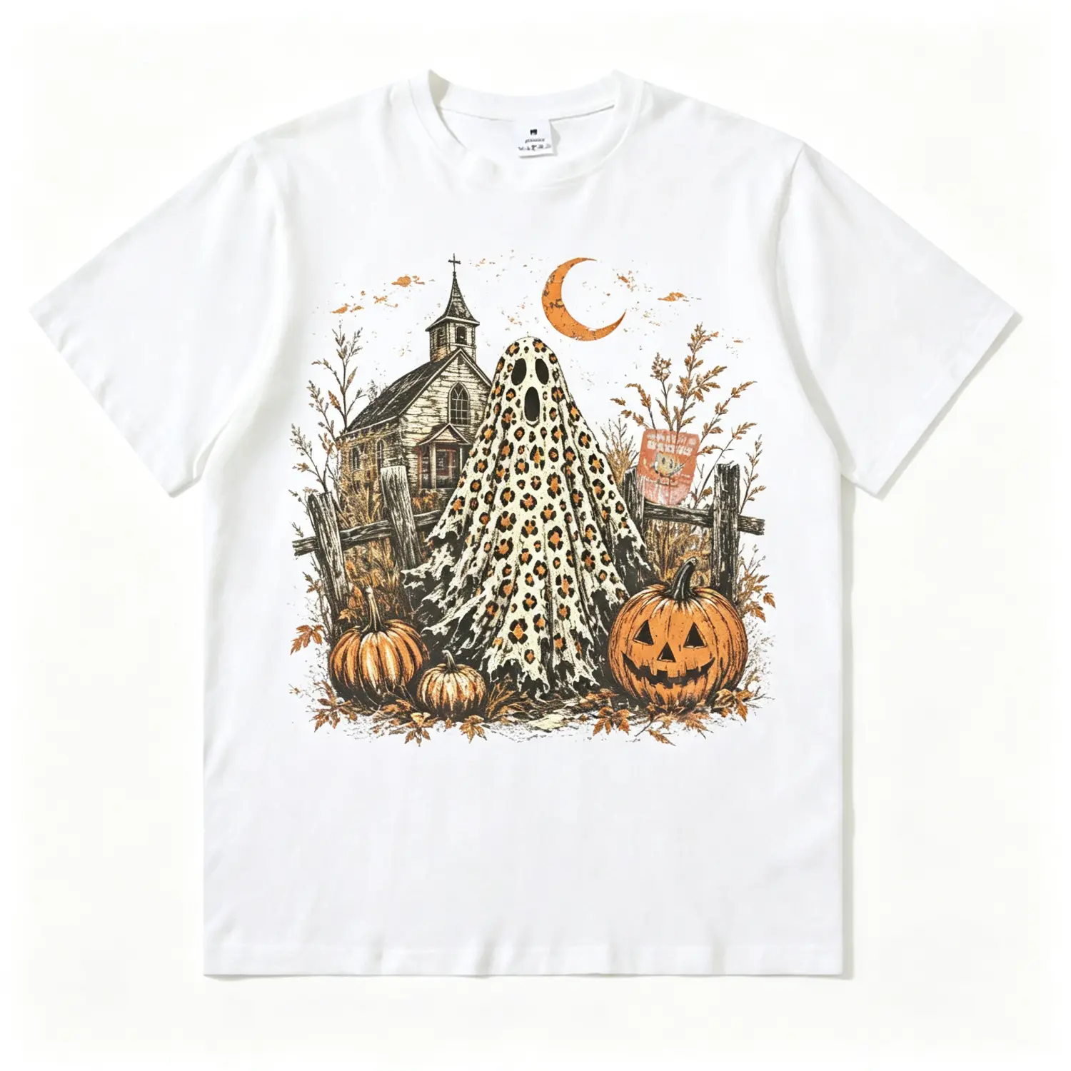 100% Cotton Vintage Leopard Ghost T-Shirt, Retro Halloween Pumpkin Church Moon Graphic Tee, Unisex Soft Comfort Fit, Spooky Season Fall Distressed Gift, Trendy Casual Tee, Multi Colors
