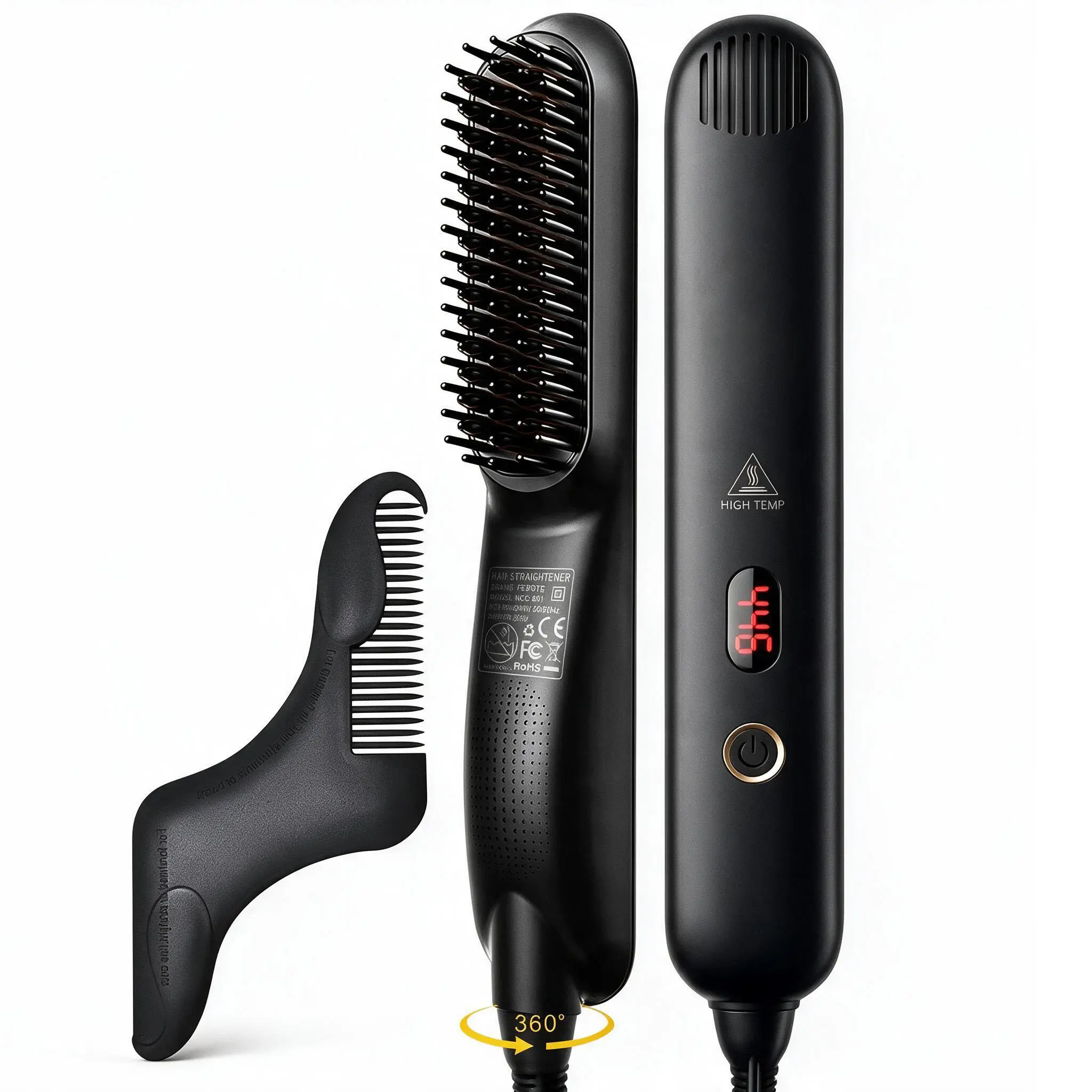 Heated Ionic Hair Straightening Brush for Men - 5 Temperature Settings, Anti-Scald, Beard Shaper & Travel Bag