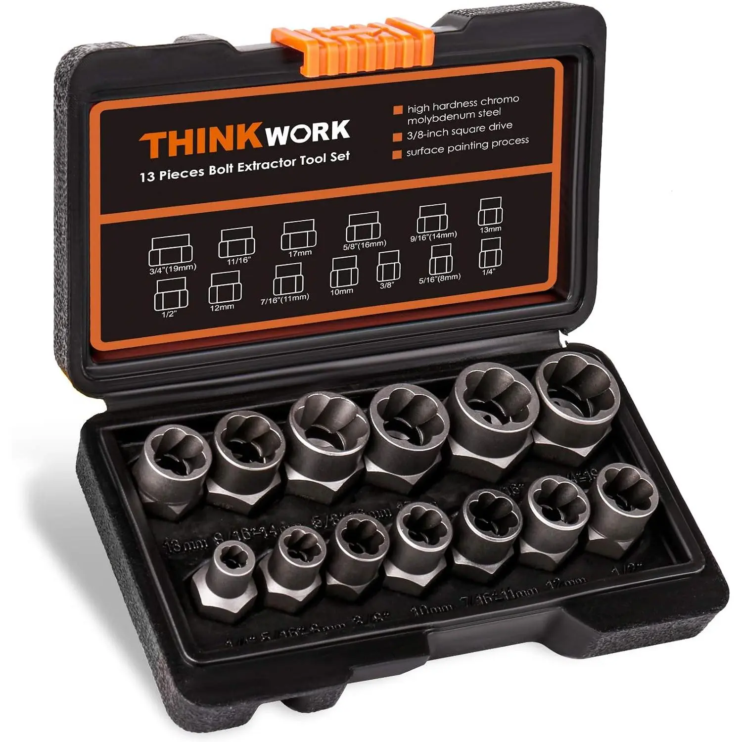 14-Piece Universal Impact Bolt Remover Kit, 3/8-Inch Drive Nut Extractor Set with Multiple Sizes, Secure Grip for Mechanics' Removal Tasks