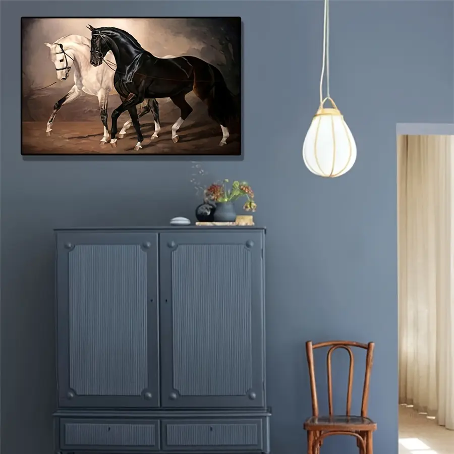 1pc Elegant Black and White Horse Oil Painting on Canvas - Vintage Style, Matte Finish, Removable Wall Art for Bedroom, Living Room, Office - Ideal Gift for Horse Enthusiasts, Horse Lover Gifts