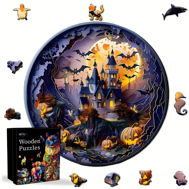 Mystery Castle Wooden Puzzles, Halloween Theme, Animal and Alien Brain Teasers, Room Decor, School Supplies, Learning Toys, Halloween Gifts