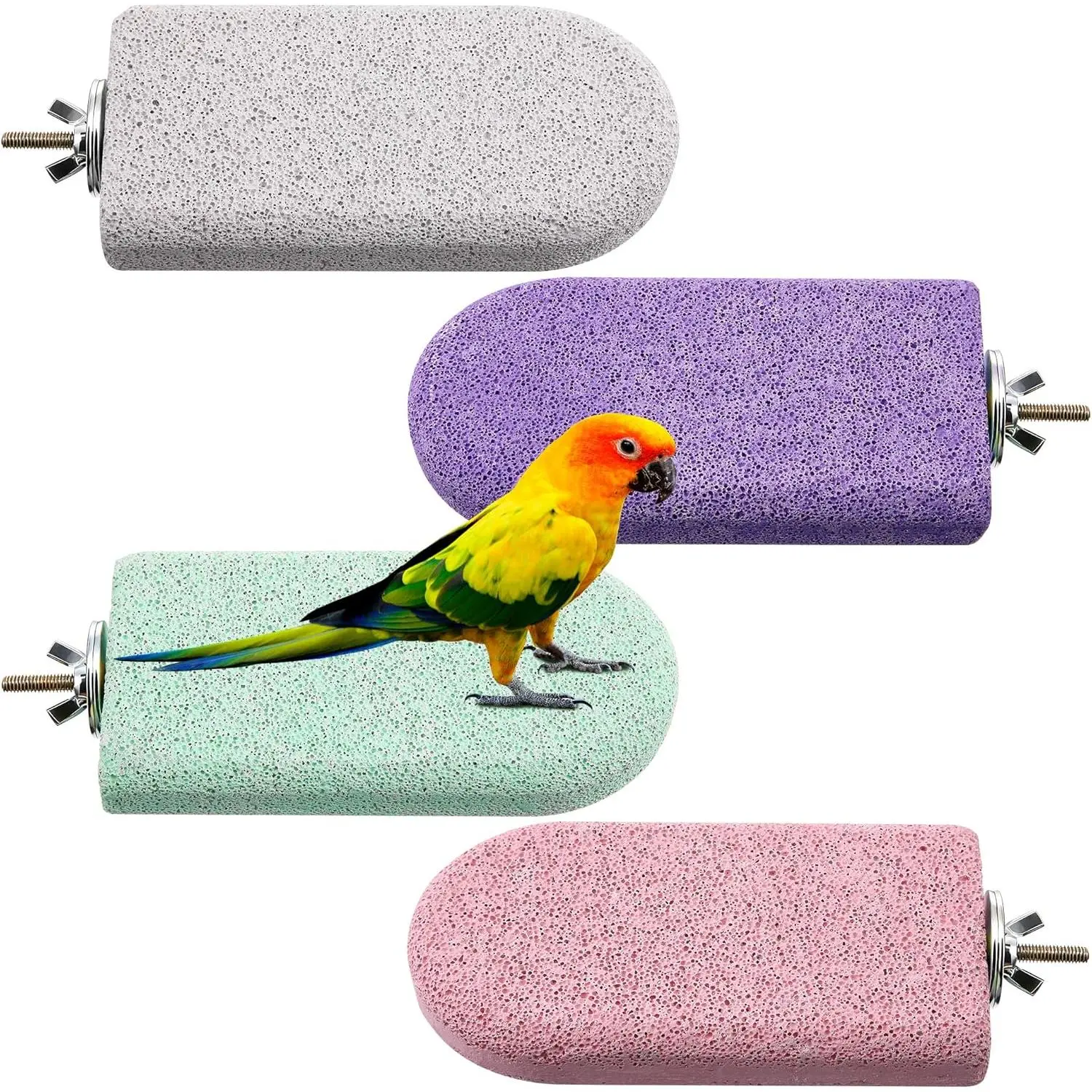 4 Pack Bird Beak Grinding Stone, Pumice Lava Ledge Birds, Chinchillas, Hamsters, Parrots, Bird Perch Stand Climbing Ledge, Teeth & Beak Grinding Block(Long)