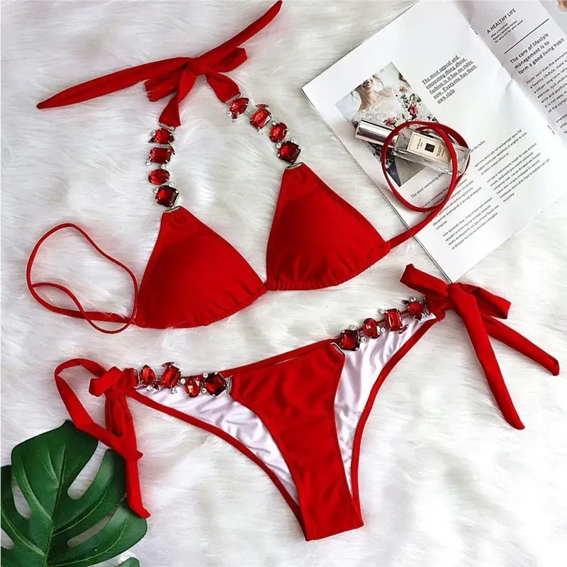 Red Rhinestones Sexy Bikinis 2026 Women Swimwear Female Swimsuit Swim Wear Bathing Suits Brazilian Bikini Set Beach Pool BatherBeach photography