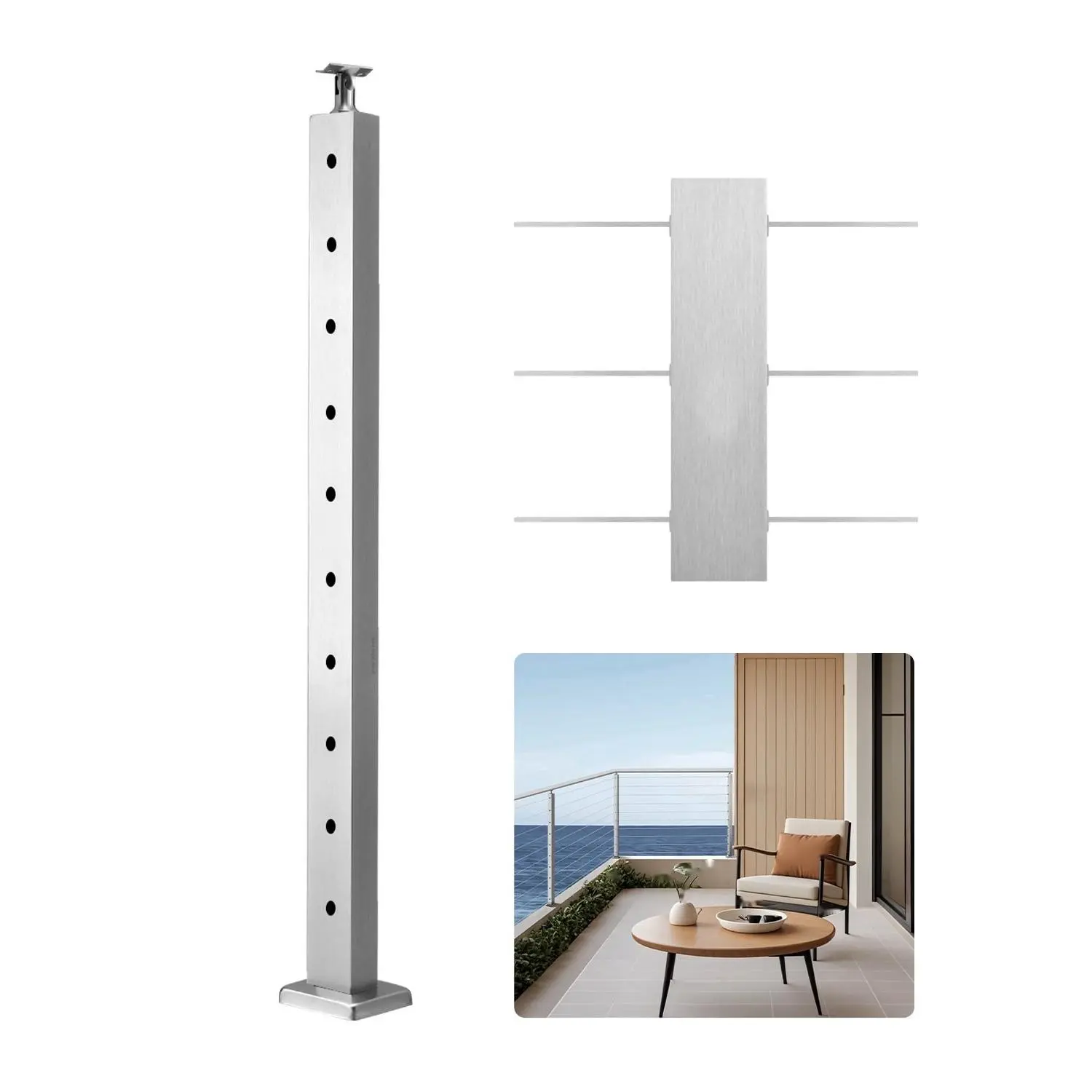Cable Railing Post for Level Deck and Stair Applications: 36 x 0.98 x 1.97 Inches, Stainless Steel Handrail Post, Wire Rope Deck Railing, Pre-Drilled Pickets with Mounting Bracket, Stair Railing Kit Included, Silver