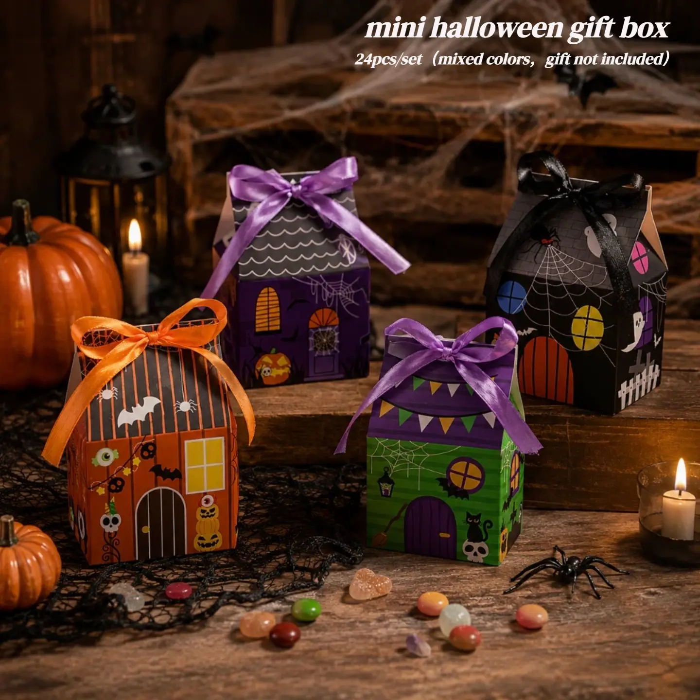 24pcs halloween Treat Boxes, 4 Styles Haunted House Paper Gift Boxes with Ribbon, for halloween Gift Boxes for Party Favors, Trick Or Treat Boxes, halloween party Supplies, Goodie Boxes for Halloween, Loot Pack