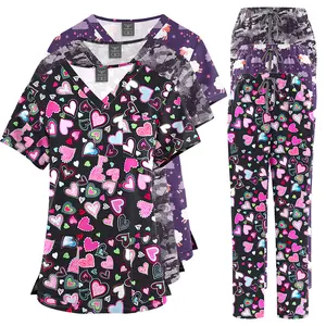 V-neck cartoon print scrub suit set for SPA beauty salon, medical nurse uniform, unisex workwear two-piece set