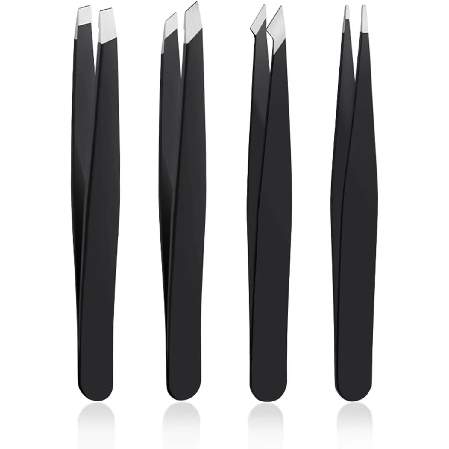4 PCS Stainless Tweezers Set Black| Tweezers for Ingrown Hair, Facial Hair, Splinter, Blackhead and Tick Remover