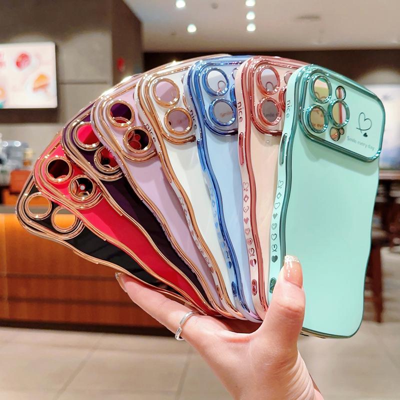 OREKROY [FreeShip] Cute Wave Shape with Love Heart Raised Camera Protection Phone case For iPhone 16 15 14 13 1211 Pro Max Accessories Durable Silicone Shiny Silicone Shiny Wavy