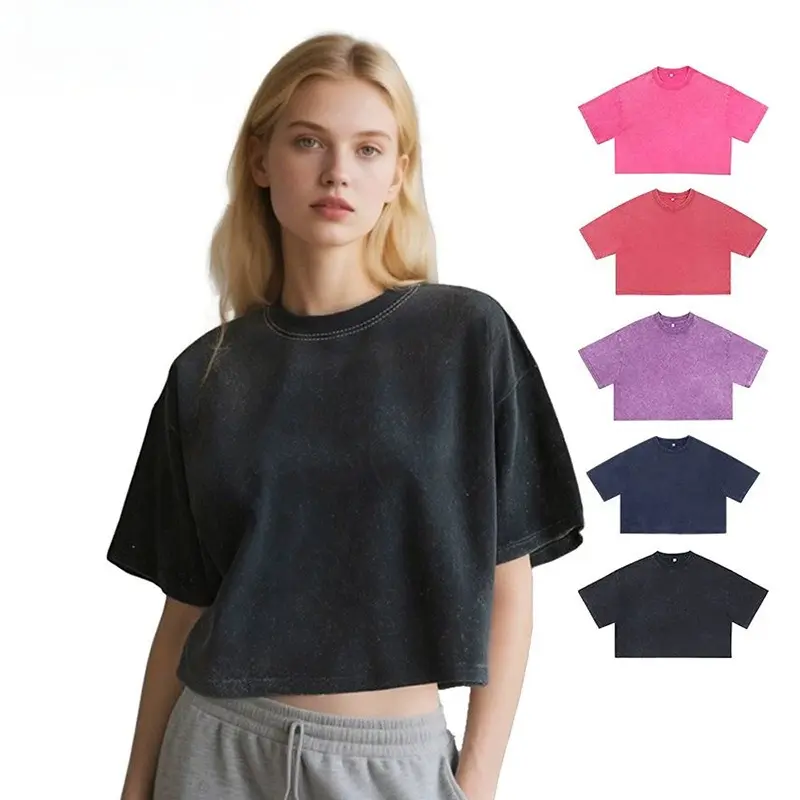 Distressed Retro Washed Cotton Crop Tee Women Oversized Short Sleeve Loose Cropped T-Shirt Casual Street Summer Daily Wear