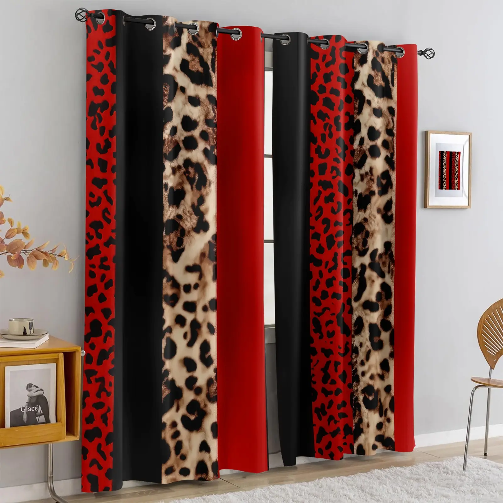 2 Panels Grommet Window Panels Semi Sheer Curtains, Vertical Black Red Color Block Dual Leopard Curtains for Modern Glam Cowgirl Bedroom, Dorms, RVs, Airbnbs, Small Apartment Interior Decor Window Drapes