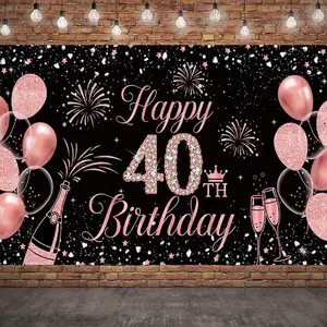 Birthday Backdrop Banner Pink Black 40th Birthday Crown Sash Elegant Style Tapestry Wall Hanging Photography Background Polyester Fiber Women Party Decor Indoor Outdoor Celebration Photo Props Supplies
