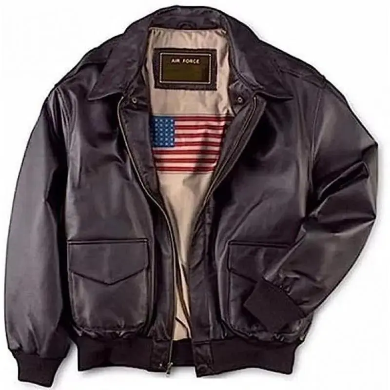 A2 Aviator USA Pilot Flying Bomber Leather Jacket Men's Classic Coats Cotton Lined Polyester Fill Sleeve Tops with Pockets
