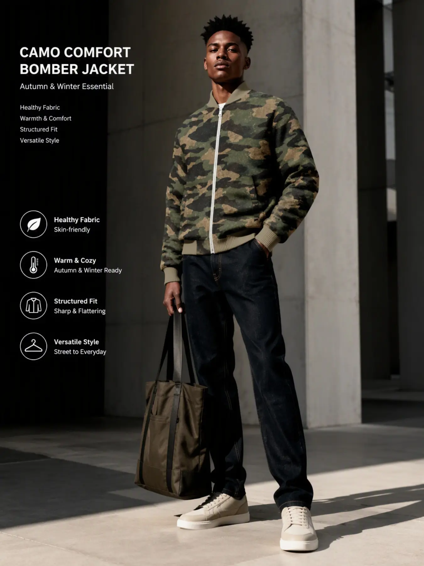Men's Camouflage Full Zip Bomber Jacket, Vintage Military Camo Baseball Collar Windproof Jacket, Casual Tactical Streetwear Fall Winter Outerwear