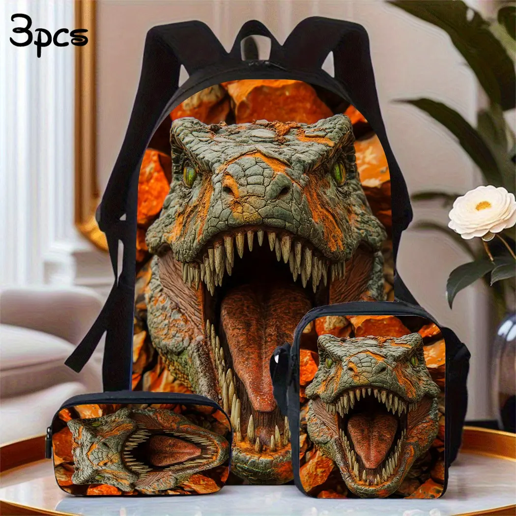 Unisex Kids 3-Pieces Ferocious T-Rex Print Backpack Combo, Durable 600D Oxford Cloth Large Capacity Bag with Insulated Lunch Box, Pencil Case, Adjustable Breathable Straps, Fits 15in Laptop for School, Travel