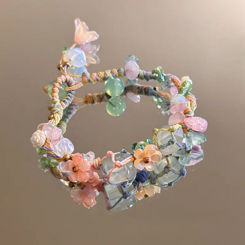 Exquisite Handmade Chinese-Inspired Natural Stone Flower Woven Rope Bracelet - Unique, Luxurious Gift for Best Friends, Light Luxury, Niche, Hand Rope Jewelry
