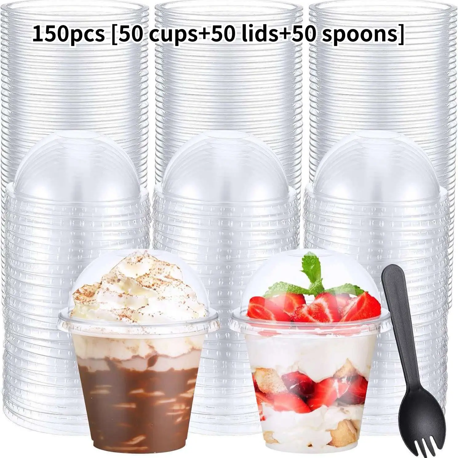 150 Pcs Transparent Plastic Cups with Lids and Spoons, 9oz Disposable Sweet Treat Cups, Ice Cream Cake Containers, Batch Number 1212