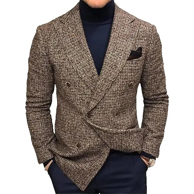 Men's Plaid Double Breasted Blazer Vintage Sports Coat Casual Slim Fit Checkered Suit Jacket