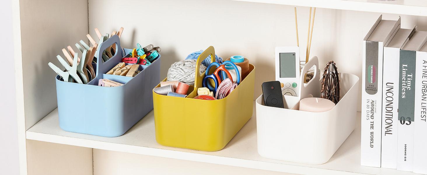 Multiuse Caddy Organizer with Handle - Stackable Plastic Tote Bin - Art Craft Supplies, Office, Desk, Stationery Pen Holder, Kitchen, Utensil, Makeup, Bathroom, Shower, Cleaning, Dorm Organizer - Blue : Office Products
