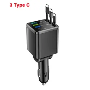 5 IN 1 Retractable Car Charger USB Type C PD Retractable Cable For iPhone Samsung Fast Charging Cord Cigarette Lighter Adapter