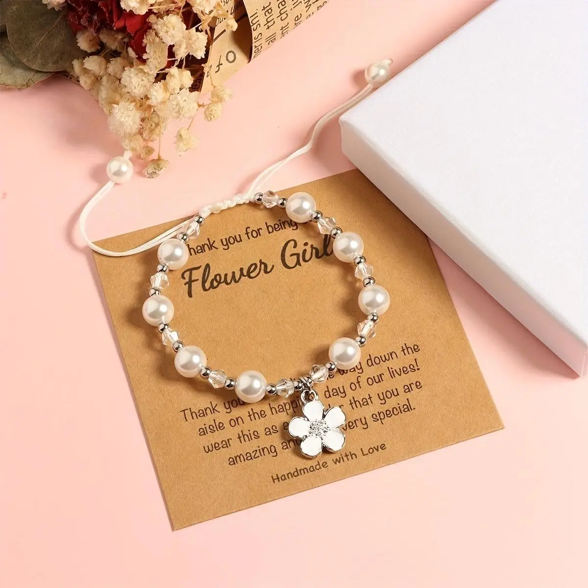 Elegant Pearl Floral Bracelet with Shiny Decorative Details, Adjustable Acrylic Jewelry for Flower Girls, Ideal Accessory Gift for Weddings and Special Events