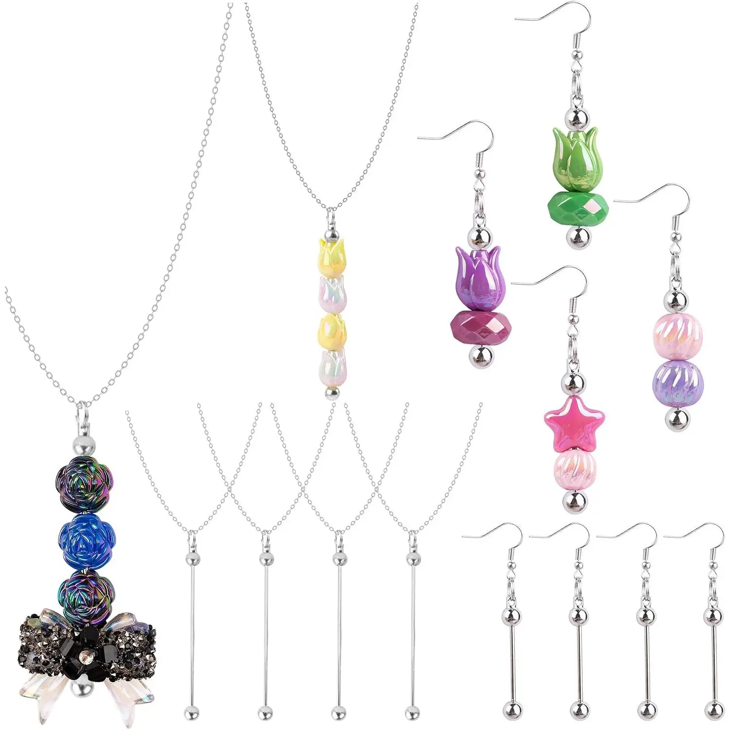 , 4 Sets Beadable  Pendant Kit Metal Beaded Necklace Earrings for DIY Crafts Making