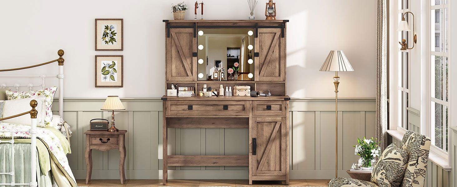 Sikaic Makeup Vanity with LED Mirror Sliding Barn Doors Brown