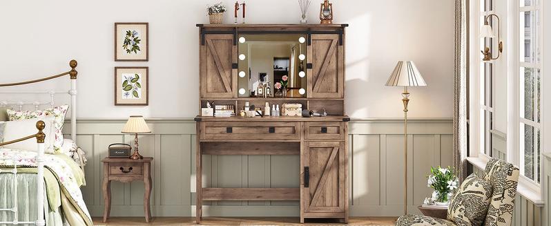 Sikaic Makeup Vanity with LED Mirror Sliding Barn Doors Brown