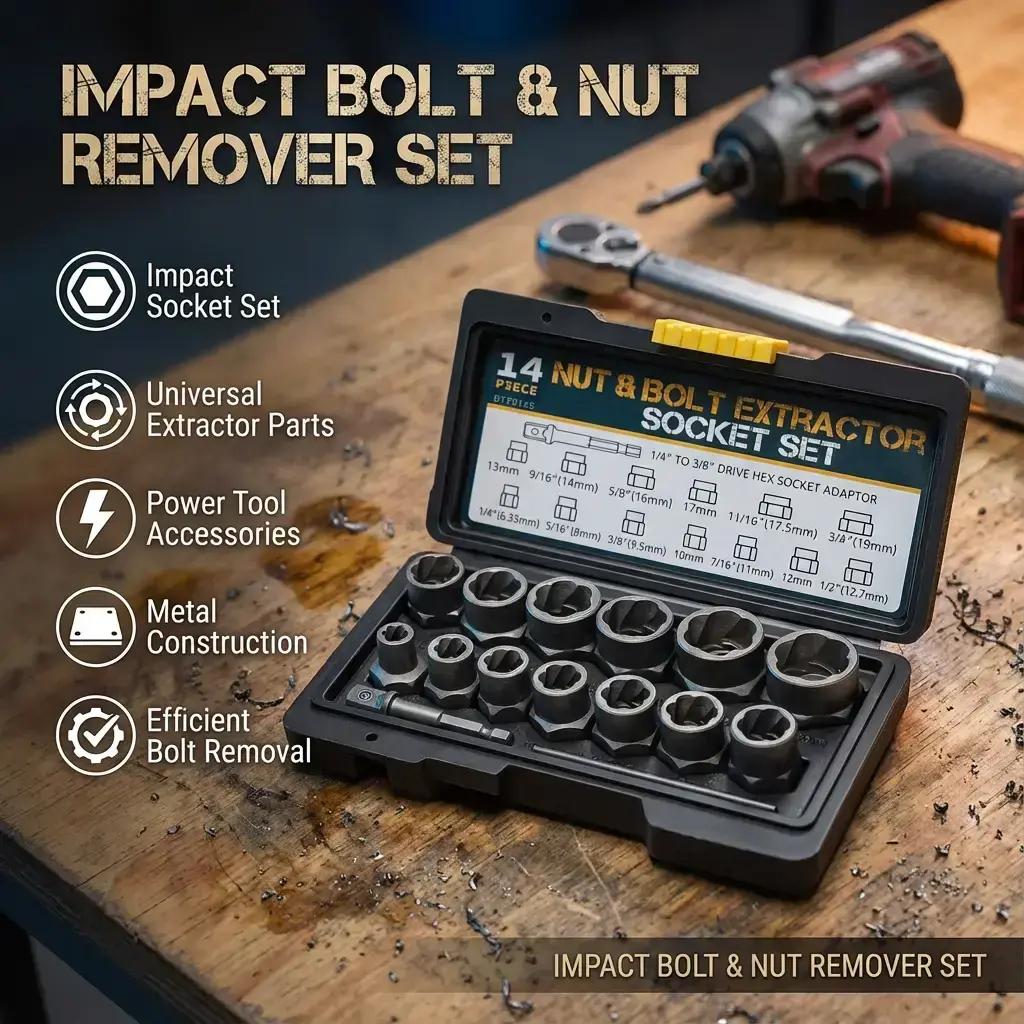 14 Counts Bolt Extractor Tool Set,Impact & Nut Remover Stripped Lug Remover,Drive Rounded Bolt Remover for Removing Damaged,Frozen Universal Impact impact bolt