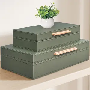 Decorative Box, Decorative Boxes with Lids 2-Set, Memory Box for Keepsakes, Beautiful PU Leather Decorative Storage Boxes in Style, Decor Box with Rose Metal Handle, Store Photos, Documents Green