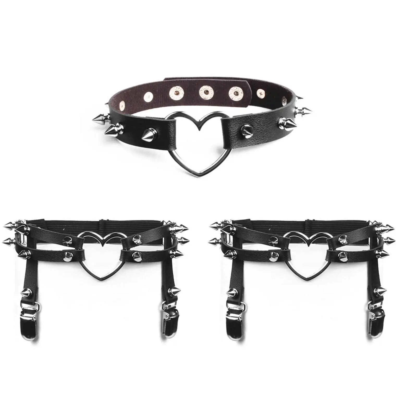 Women's 3-Piece Punk Rivet PU Leather Accessory Set - Adjustable Strap Thigh Garter Belt, Choker, Lightweight Sockings Suspender, 3.7"(9.5Cm), Lady, Polyurethane
