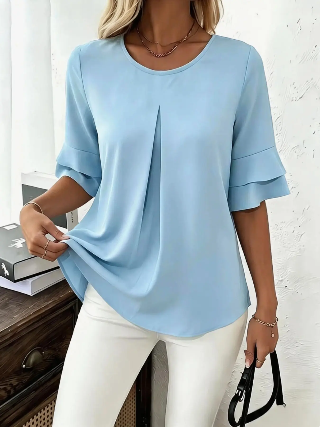 Casual Ruffle Half Sleeve T-Shirt, Fitted H-Type Design, Medium Length, Solid Color, Perfect for Daily Wear, Comfortable & Stylish