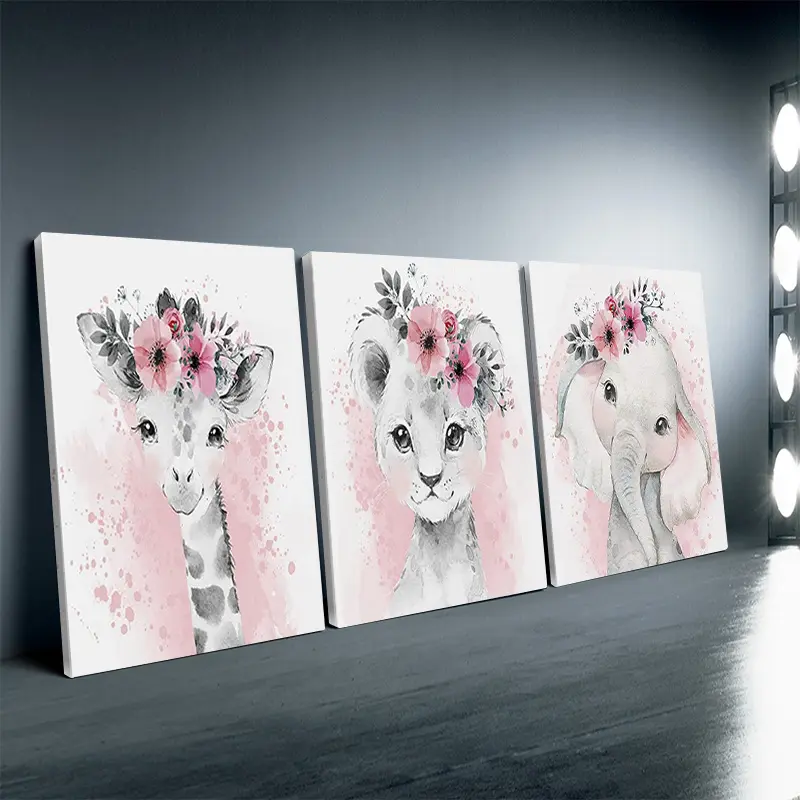 Framed, 3-piece cute animal nursery prints: little giraffe, little lion, little elephant with a crown, adorable watercolor animal art for children's rooms, pink floral animal art, suitable for girls' rooms, framed
