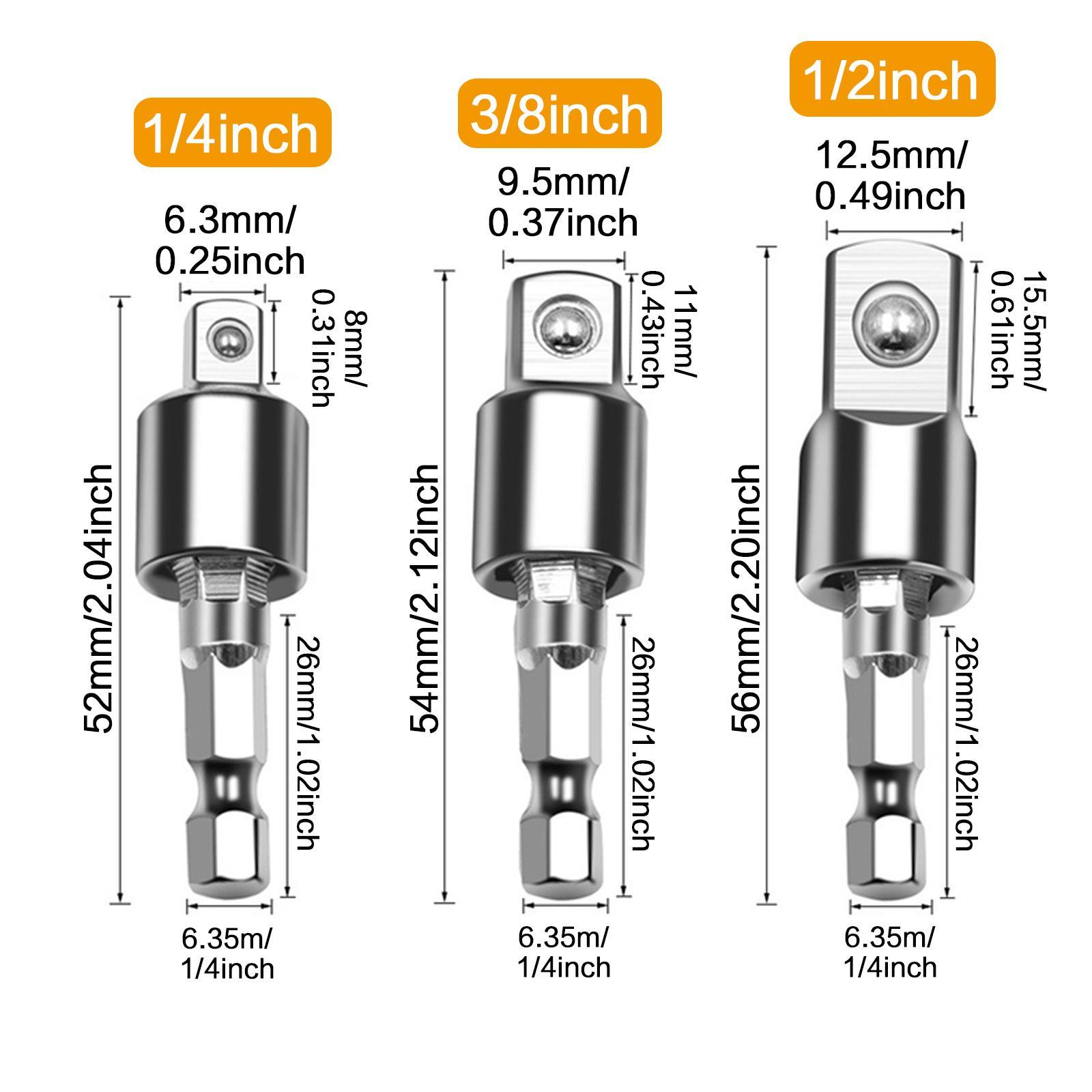 Electric Wrench Quick Change Socket Adapter Kit, 1/4/3/8/1/2 Inch Hex Head Conversion Coupler, Anti-Loose Metal Extension Rod Set