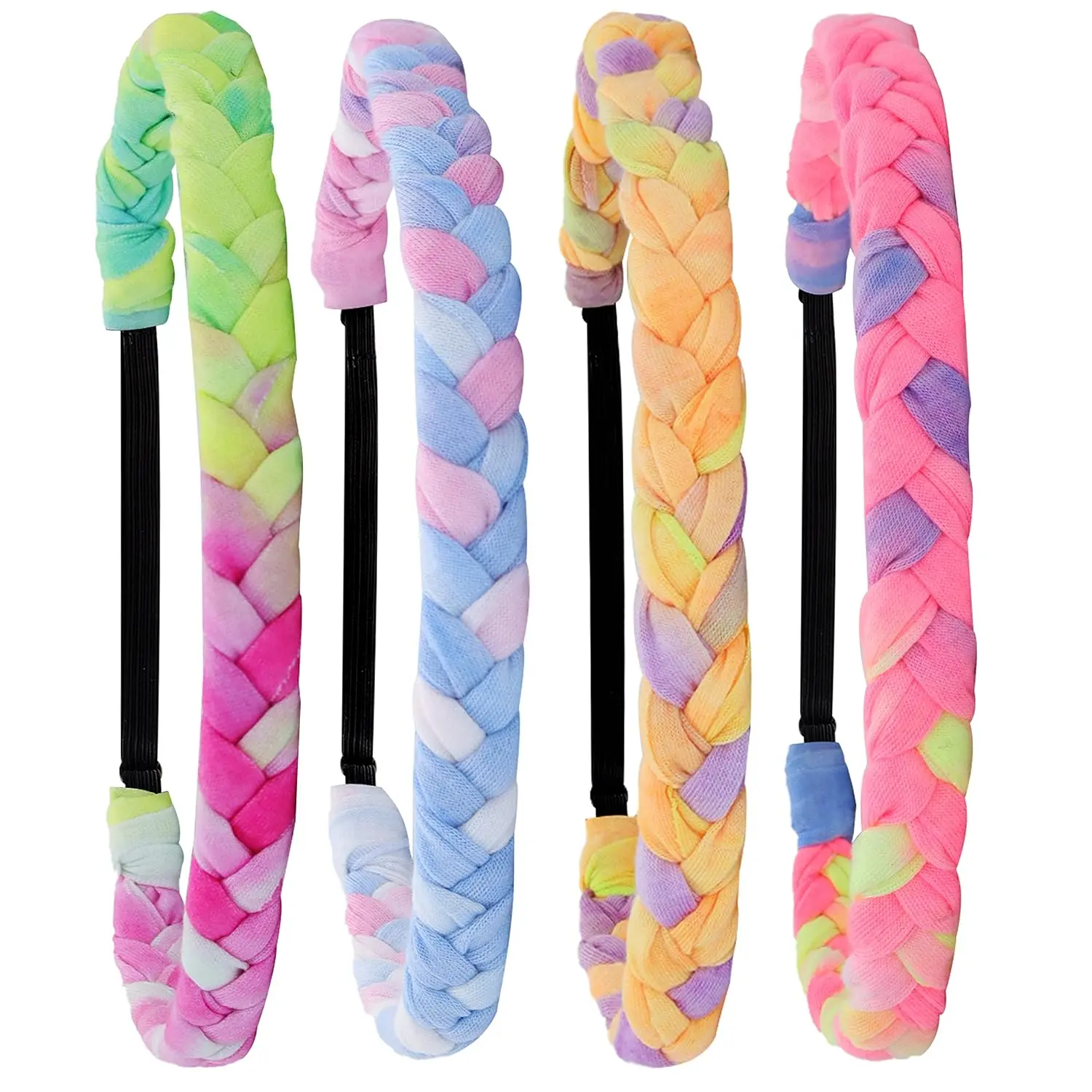 4 Braided Headbands for Girls, Adjustable Rainbow Tie Dye Braid  Bands for , Stretch Elastic Cloth Fabric Hairbands Accessories for Women, Teen Easter Basket Fillers Stocking Stuffers