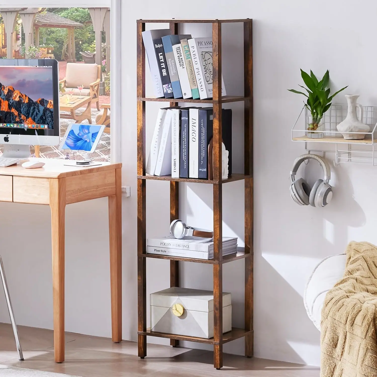 Minimalist Tall Skinny 54in Space Saver Farmhouse Bookshelf - 5-Tier Narrow Wood Bookcase with Sturdy Base, Easy Assembly, Storage for Living Room, Office (Brown)