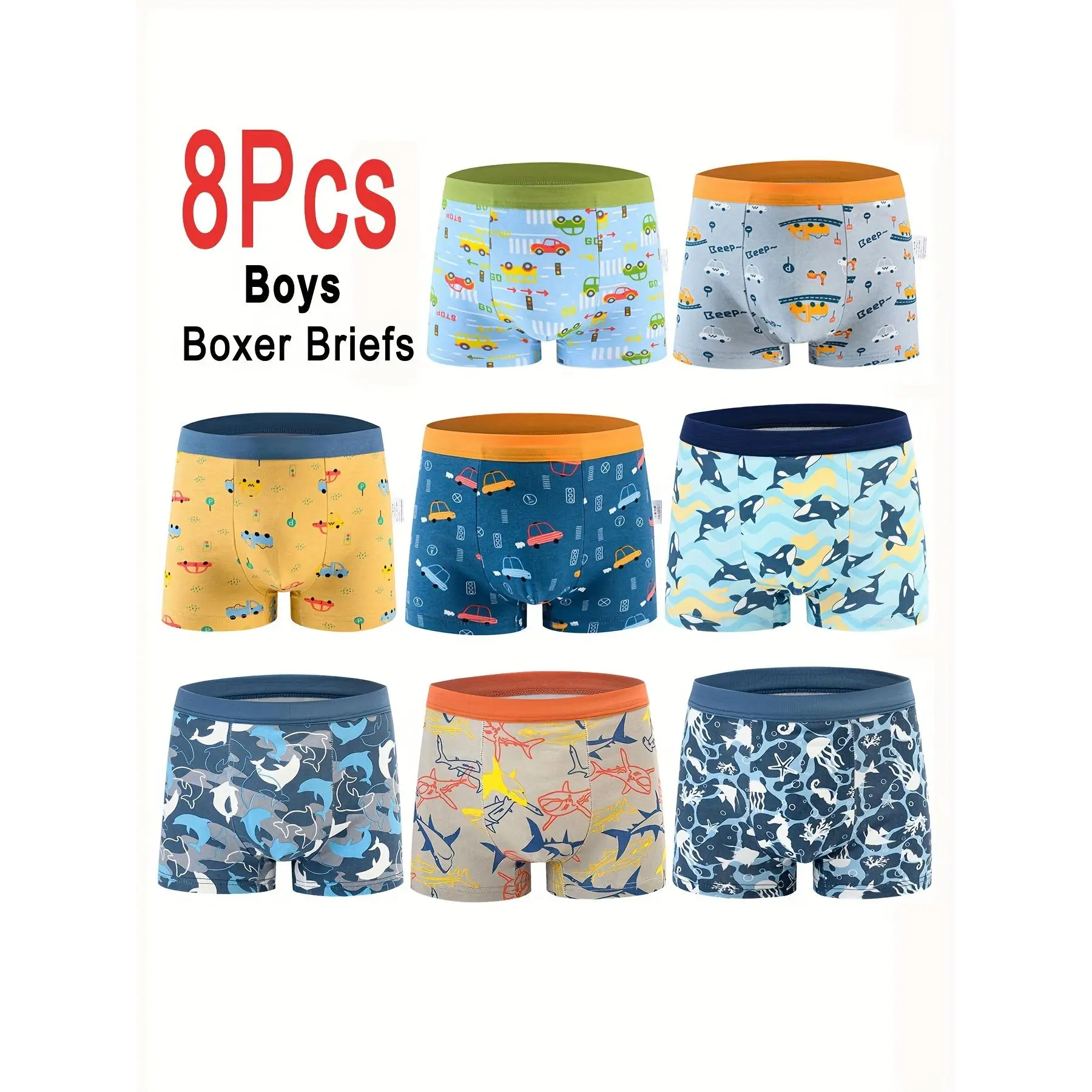 8pcs Boys Boxer Briefs, Cute Cartoon Print Short Trunks, Kids Sports Underwear Underpants for Children's Daily Wear