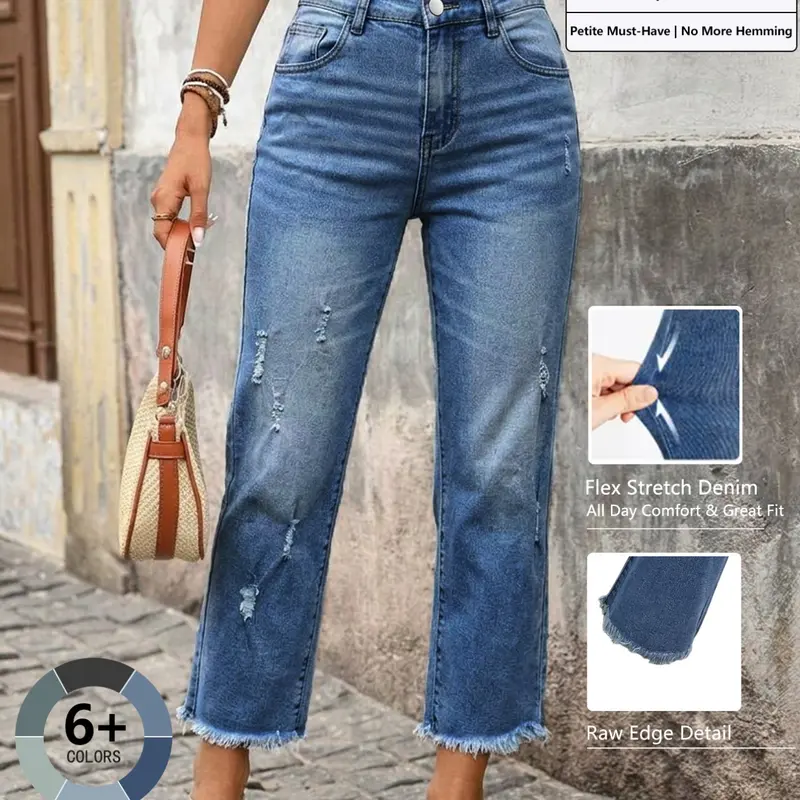 Women's Washed Edge Ripped Straight Leg Jeans, Casual Long Pants, Elastic Fabric, All Seasons, Loose Fit, Perfect for Outing and Dates