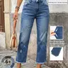 Women's Washed Edge Ripped Straight Leg Jeans, Casual Long Pants, Elastic Fabric, All Seasons, Loose Fit, Perfect for Outing and Dates