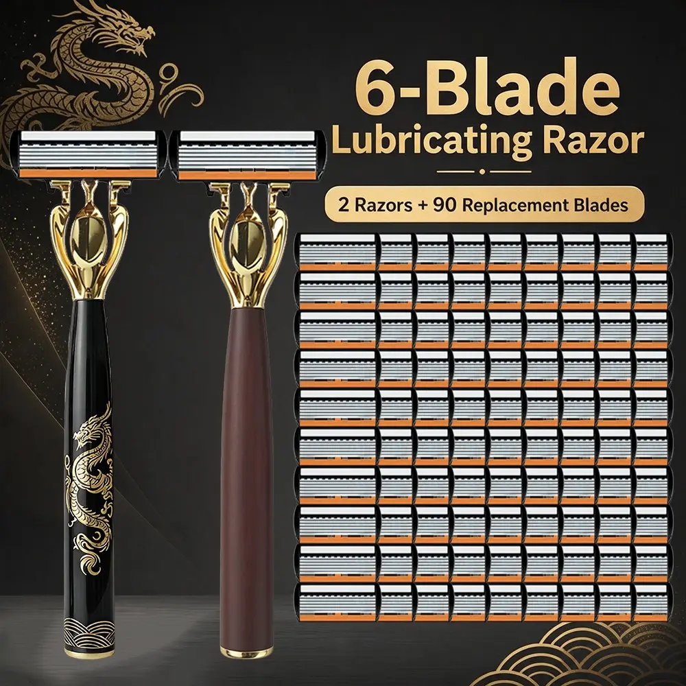 Gold Dragon Wood Handle Razor, 6-Blade Smooth Blade, Gentle on Skin, Travel-Friendly, Includes 2 Razors & 90 Replacement Heads, Dry/wet Use
