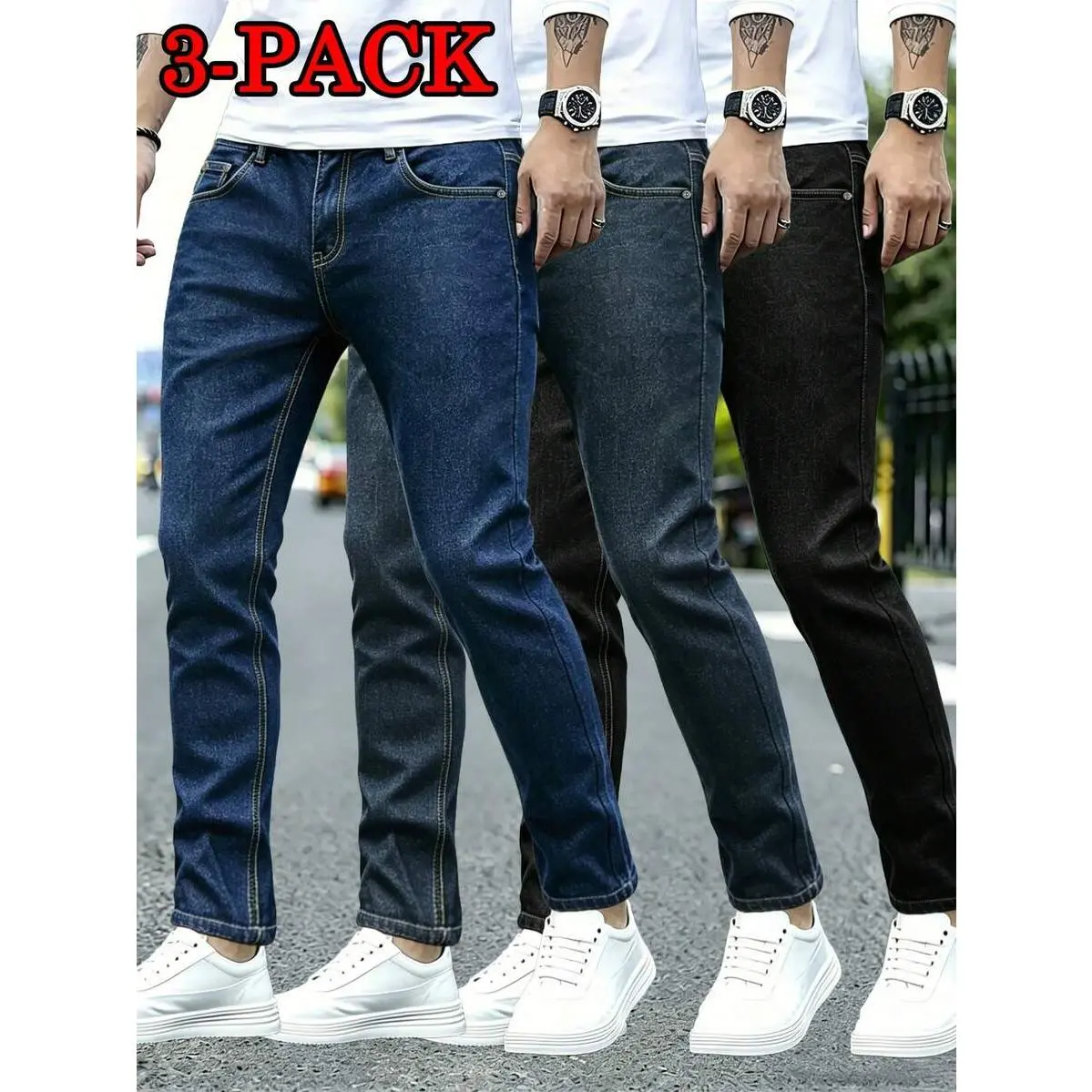 3-Pack Men's Slim Fit Straight Leg Stretch Solid Color Casual Jeans
