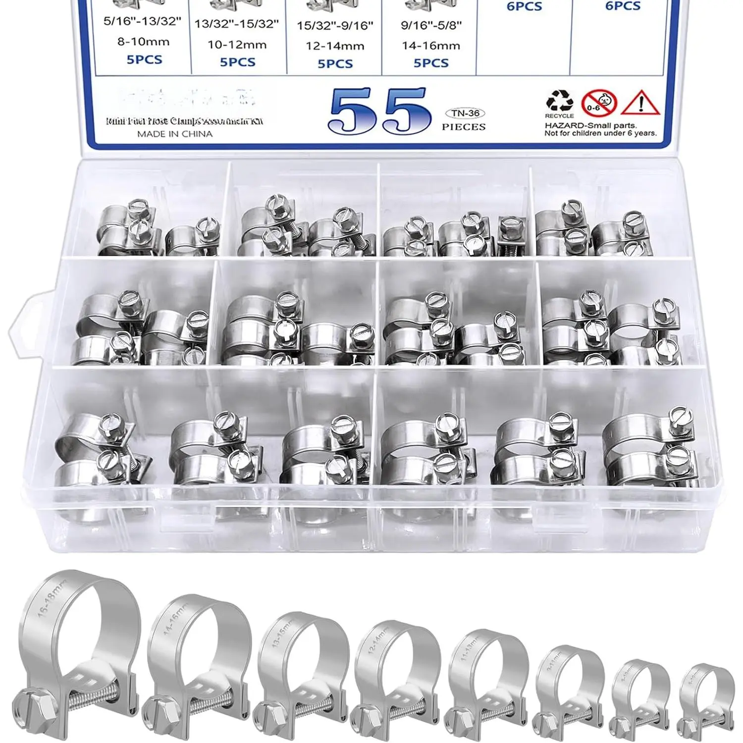 55 count Mini  Injection Hose Clamps Adjustable 7-18mm 10 Sizes 304 Stainless Steel  Line Clamps  Kit,Hoses Clamps Sleeving,for Automotive  Petrol Pipe