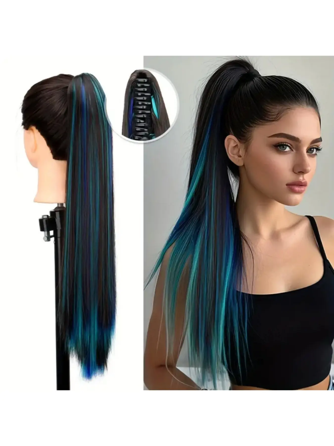 24-Inch Synthetic Large Hair Clip Colorful Highlights Straight Ponytail High Ponytail Clip Easy To Wear Women's Wig Clip On Ponytails