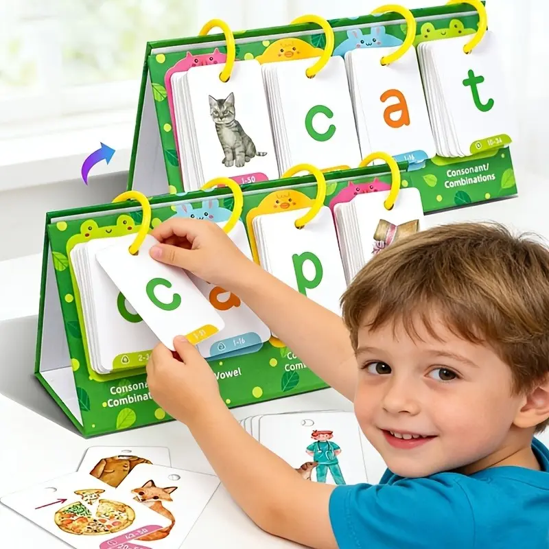 1 Set Phonics Flash Cards with Stand - 129pcs Interactive Word Spelling Game for Early Reading & Literacy. Educational Learning Toy for Toddlers, Preschoolers & Homeschool. Great School Supplies & Back to School or Christmas Gift.