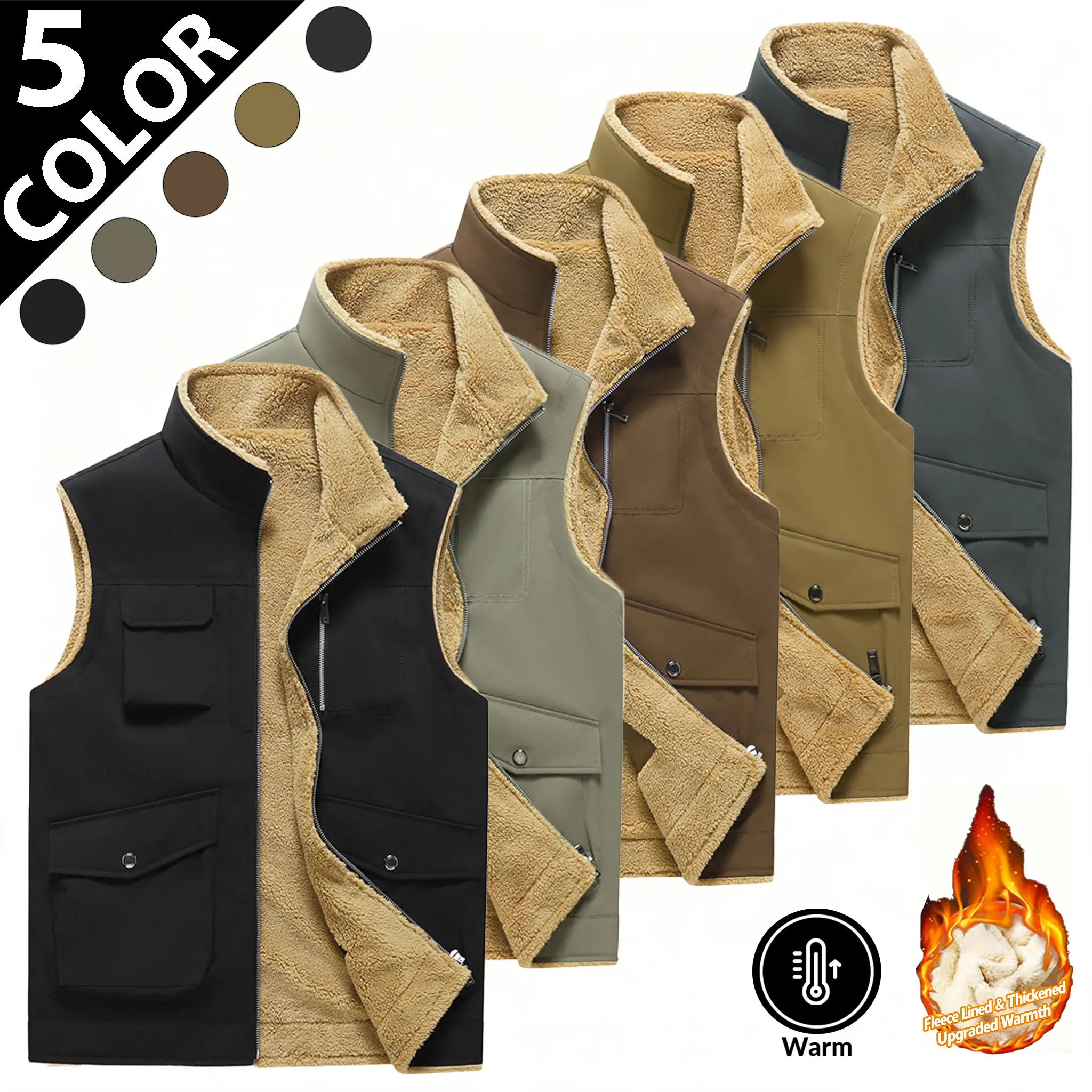 2026 Men’s Thick Fleece Lined Vest, Multi-Pocket Cargo Stand Collar Waistcoat, Warm Lamb Fleece Sleeveless Jacket, Outdoor Sports Thermal , Fashion Layered Outerwear for Daily Casual, Hiking and Fishing