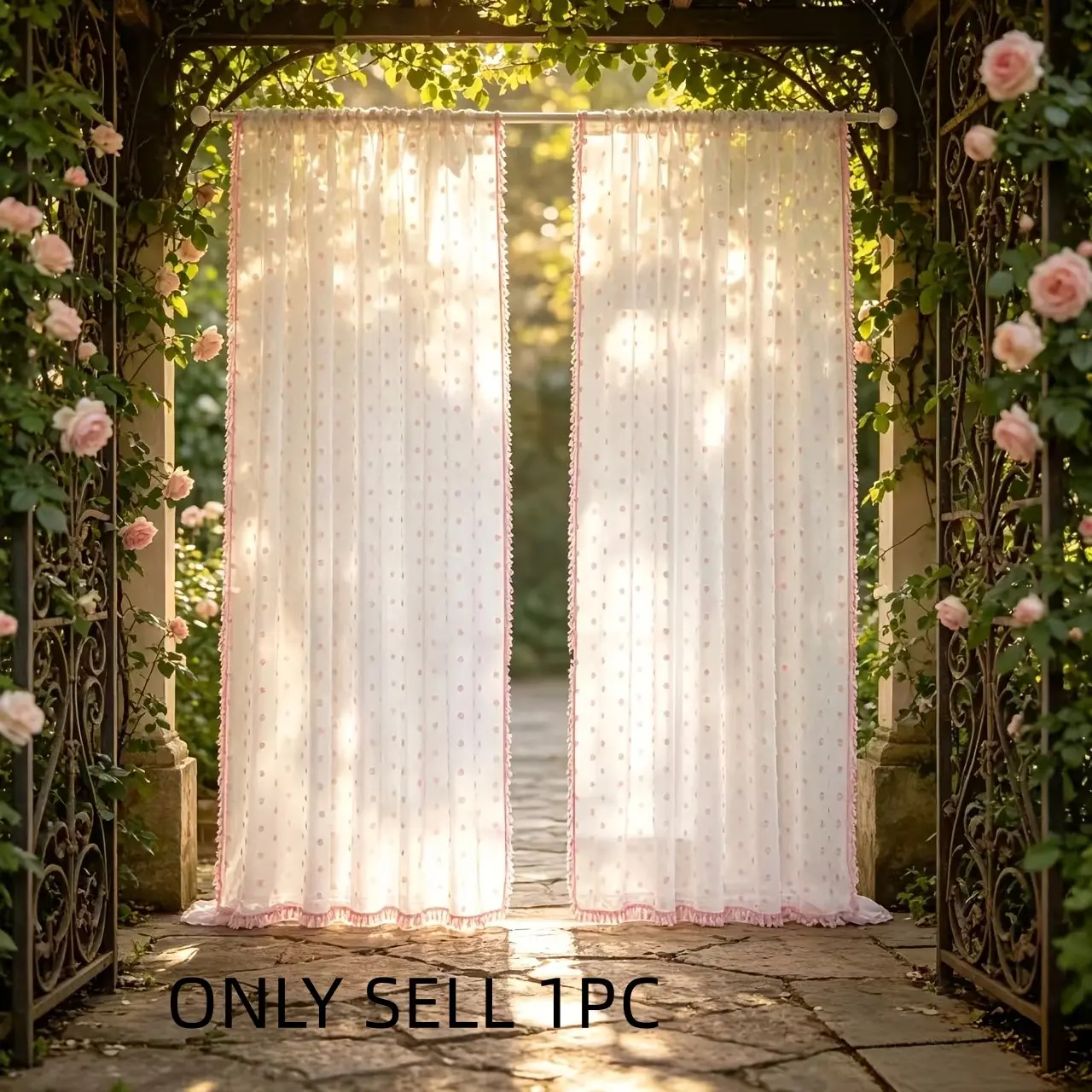 1pc French Country Tufted Ball Outdoor Transparent Curtain, Fringe Trim, Perfect for Patios, Gazebos, Sunrooms, Garden Decor, Atmosphere Creation, Outside Curtains