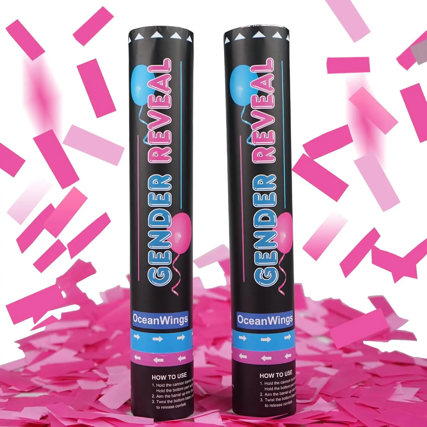 Biodegradable Pink Gender Reveal Confetti Cannons - 2 Packs 12 Inch Fire Retardant Party Poppers with Colorful Sprays, Streamers, Easy to Clean Paper Confetti, Party Supplies for Baby Shower Decorations & Favors