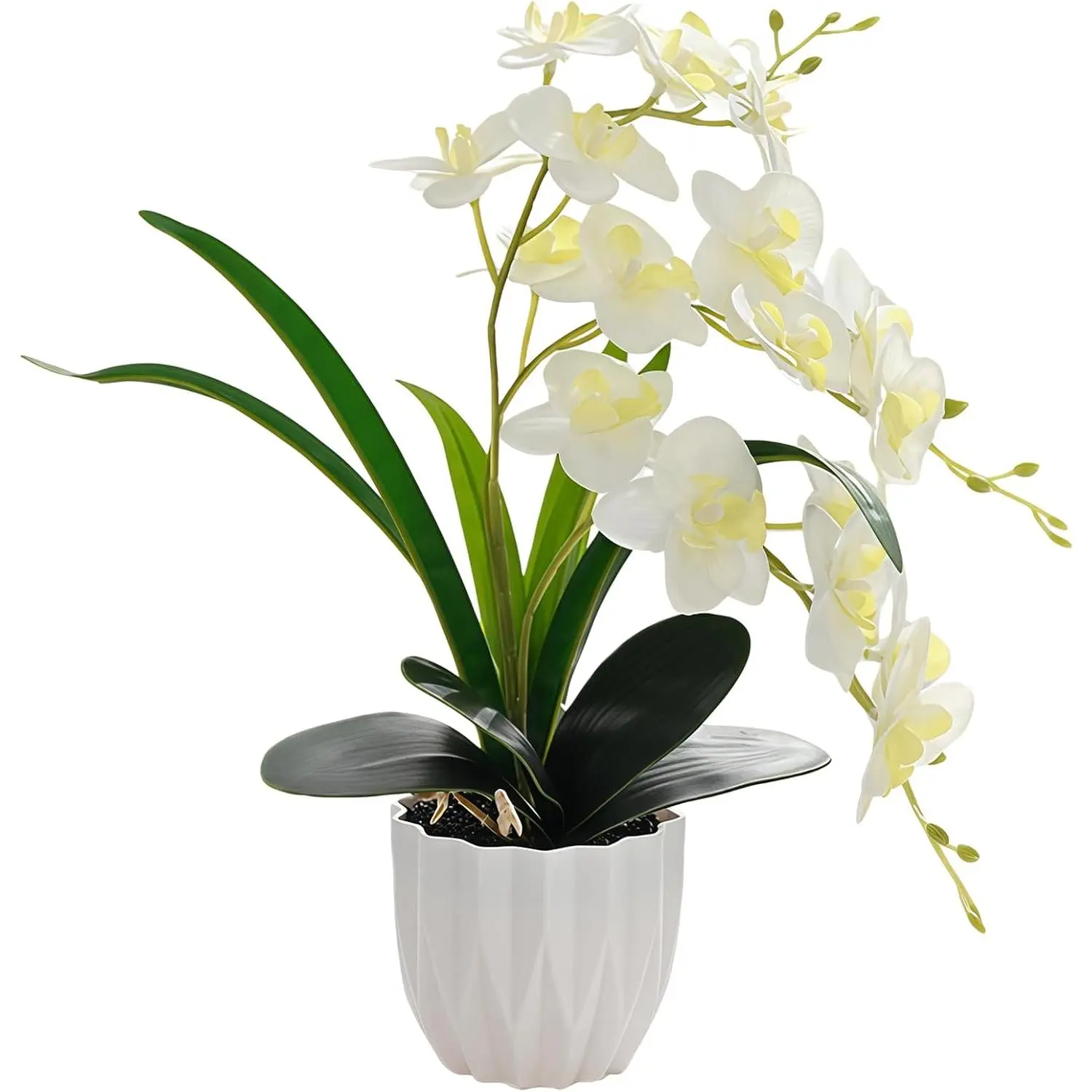 Artificial Orchid Potted Plant, White Fake Orchid Flowers with White Pot, Bendable Faux Phalaenopsis Flower Arrangement for Home Office Table Centerpiece Wedding Party Bathroom Decor