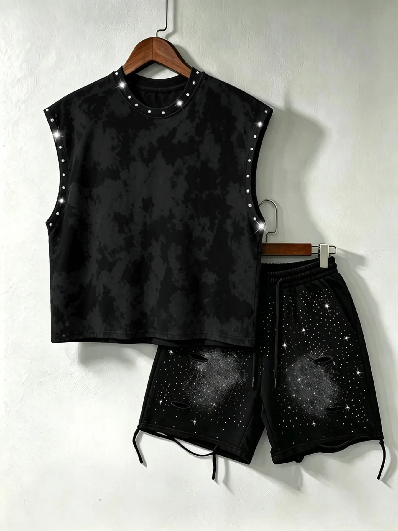 Men's two-piece set: sleeveless vest and rhinestone distressed shorts; black tie-dye cropped vest paired with sparkly rhinestone drawstring shorts; summer street casual style suit; Outfit.