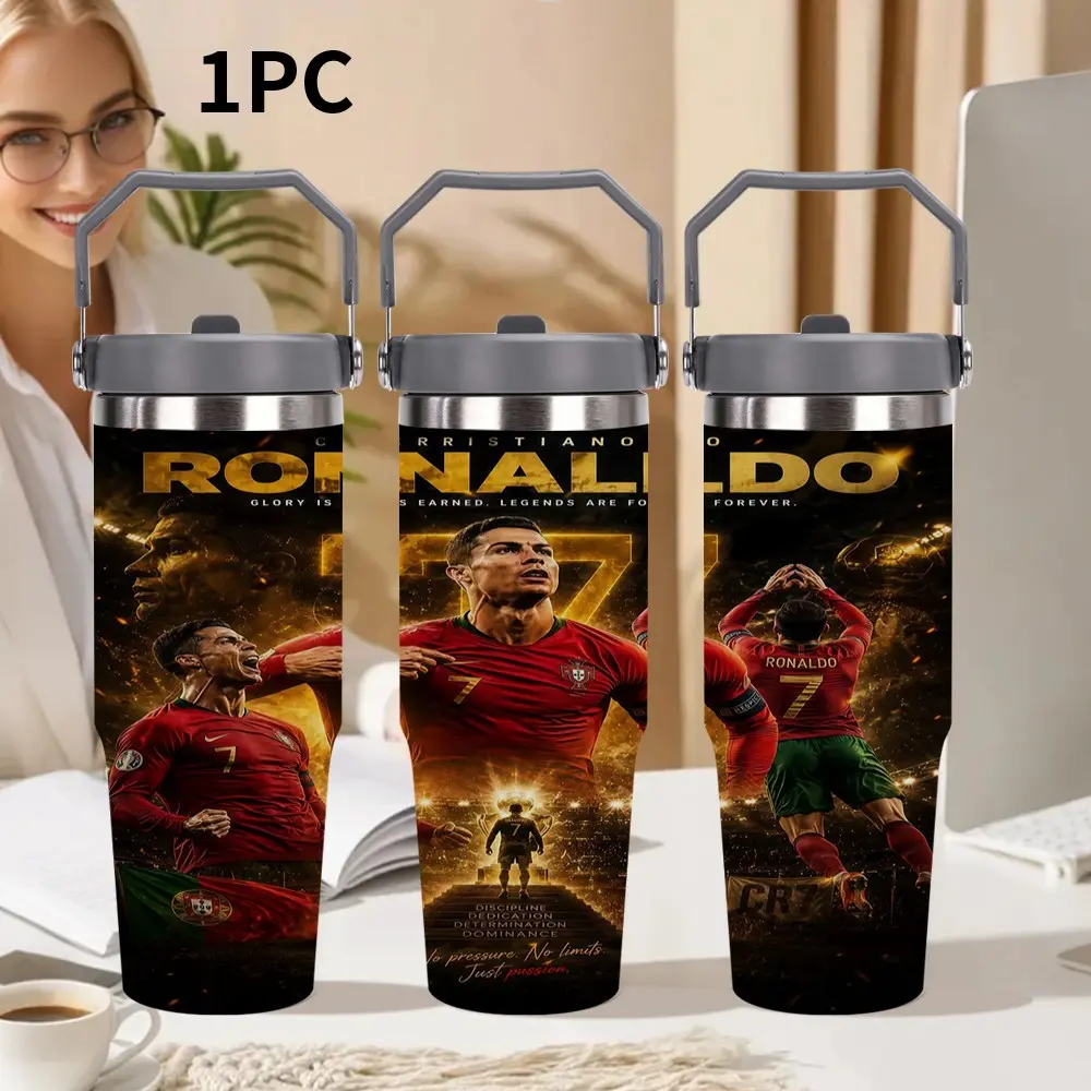 1pc 30oz/20oz Stainless Steel Insulated Water Bottle, Cristiano Ronaldo Pattern Design, Perfect for Car, Outdoor Activities & All Seasons, ideal gift for friends who love football.
