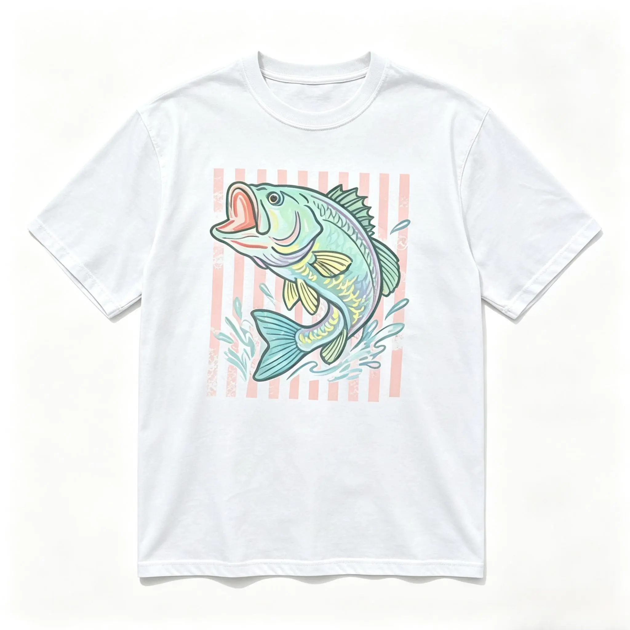 Vintage Pink Striped Bass Fish Oversized T-Shirt, Preppy Coastal Fishing Summer Crewneck for Women